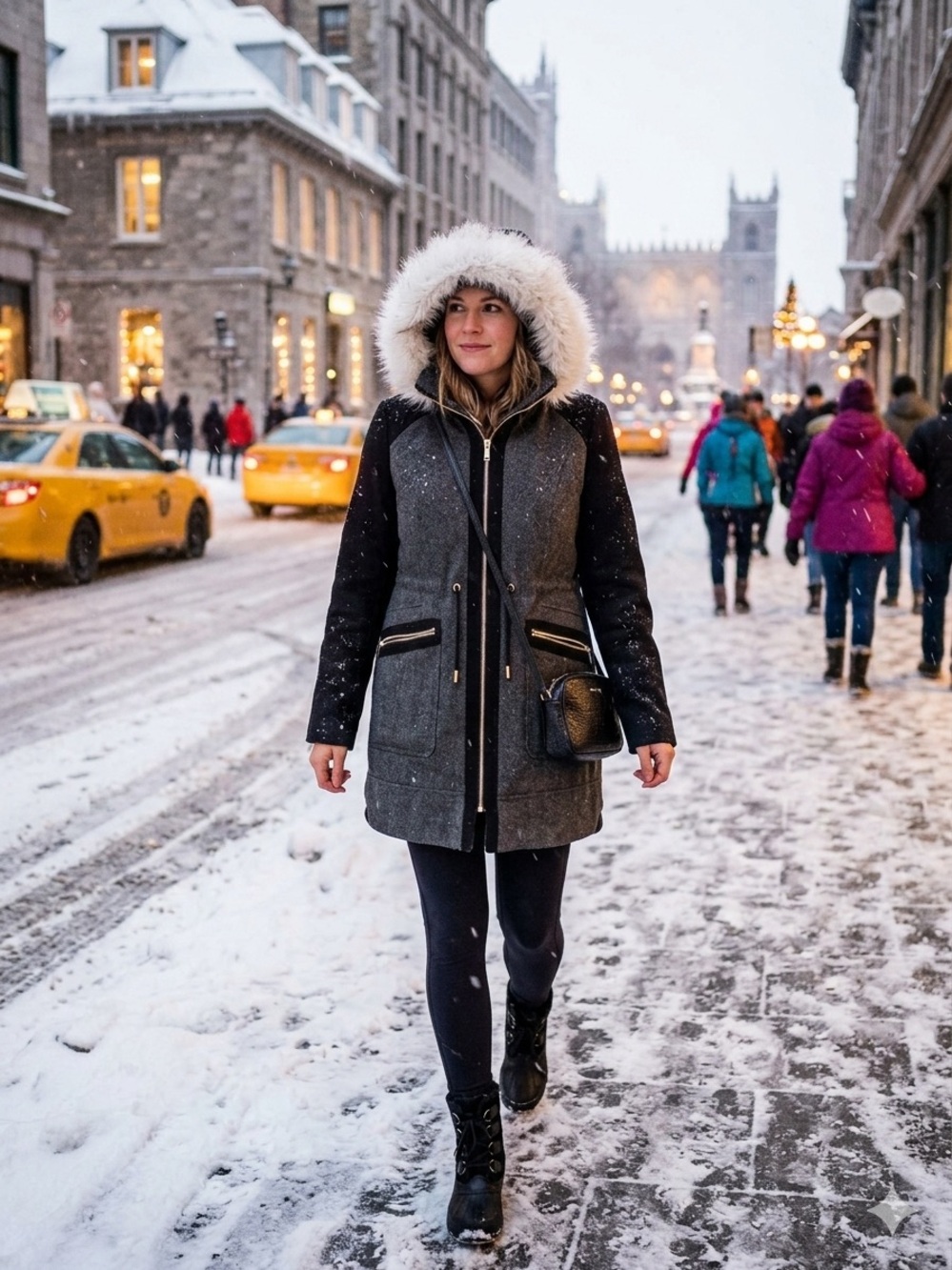 Laundry By Shelli Segal Gray and Black Wool Coat with Removable Faux Fur Hood